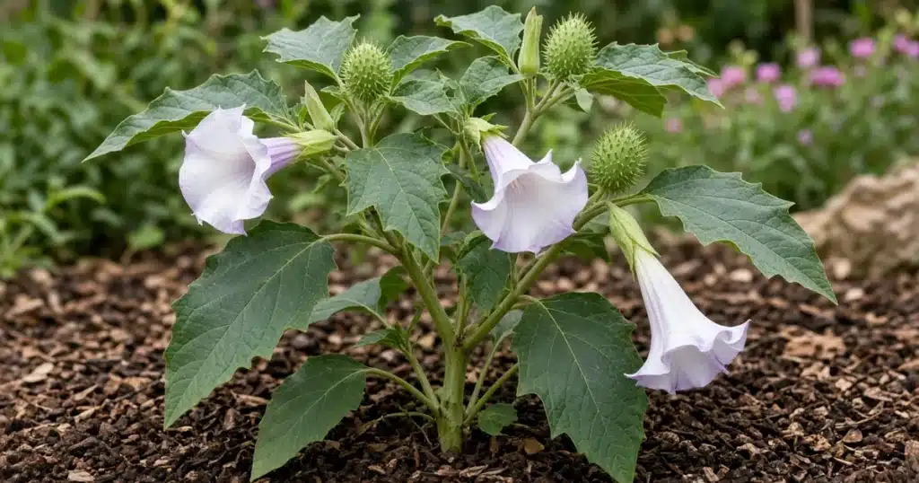 Jimsonweed with white trumpet flowers and spiny seed pods in a mulched bed