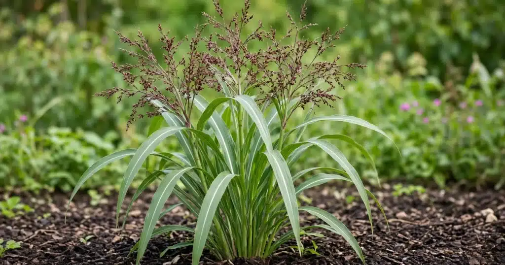 Johnsongrass with broad leaves and purplish seed heads in a garden bed