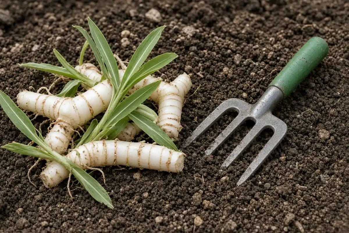 Thick white johnsongrass rhizomes beside a green-handled garden fork on soil