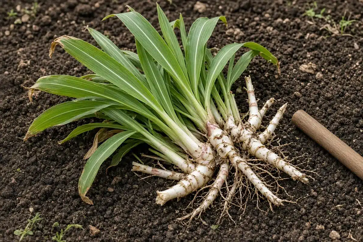 Johnsongrass with white segmented rhizomes on soil beside a wooden dowel