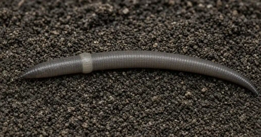 Jumping worm with a smooth whitish stripe on grainy garden soil