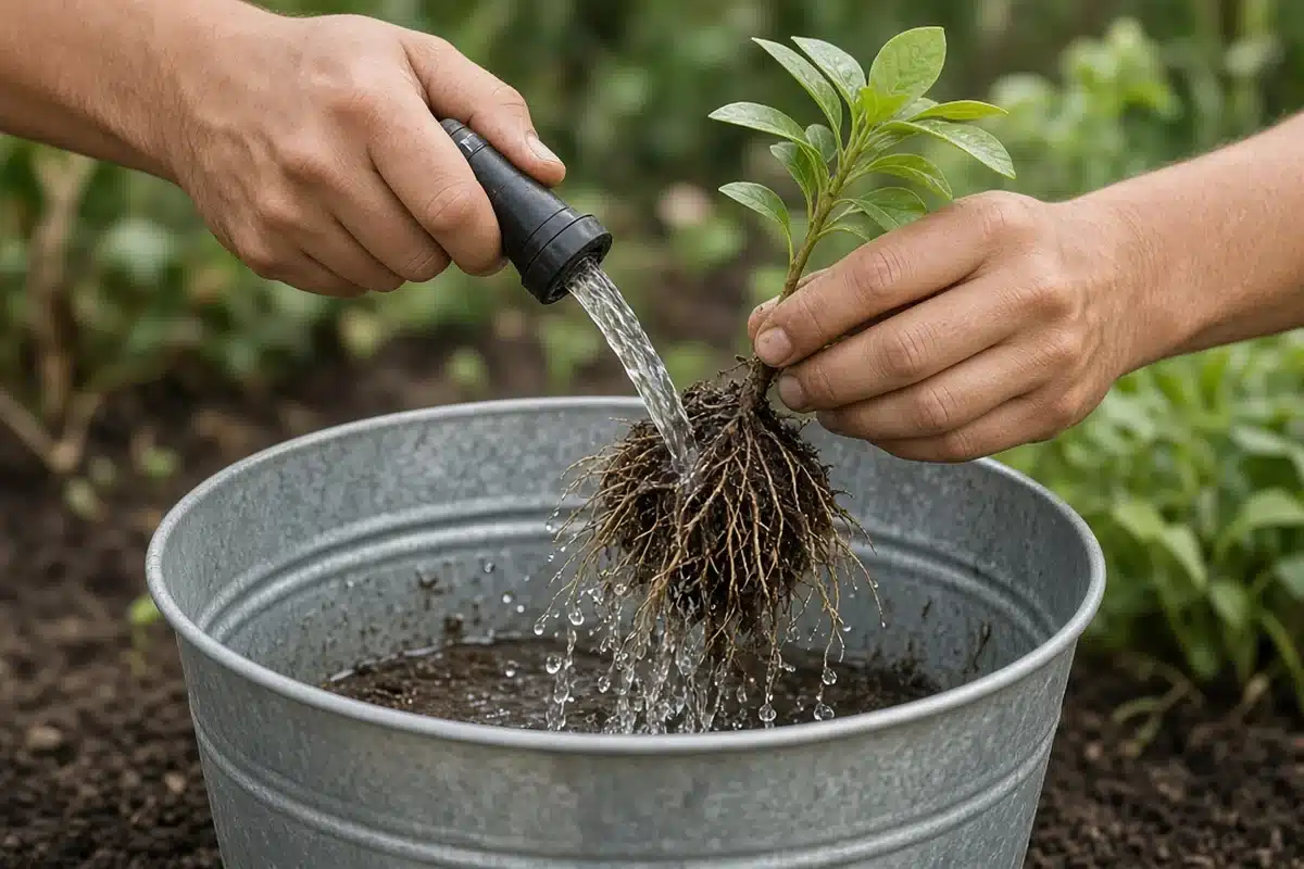 Gardener washing soil from plant roots before moving the plant