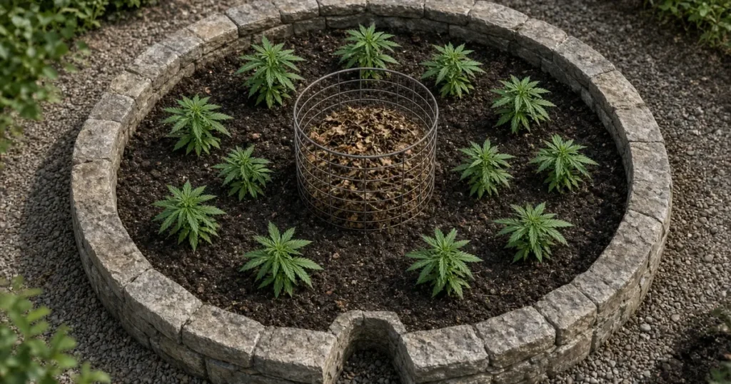 Keyhole garden: a round stone raised bed with a notch and a wire basket at the center