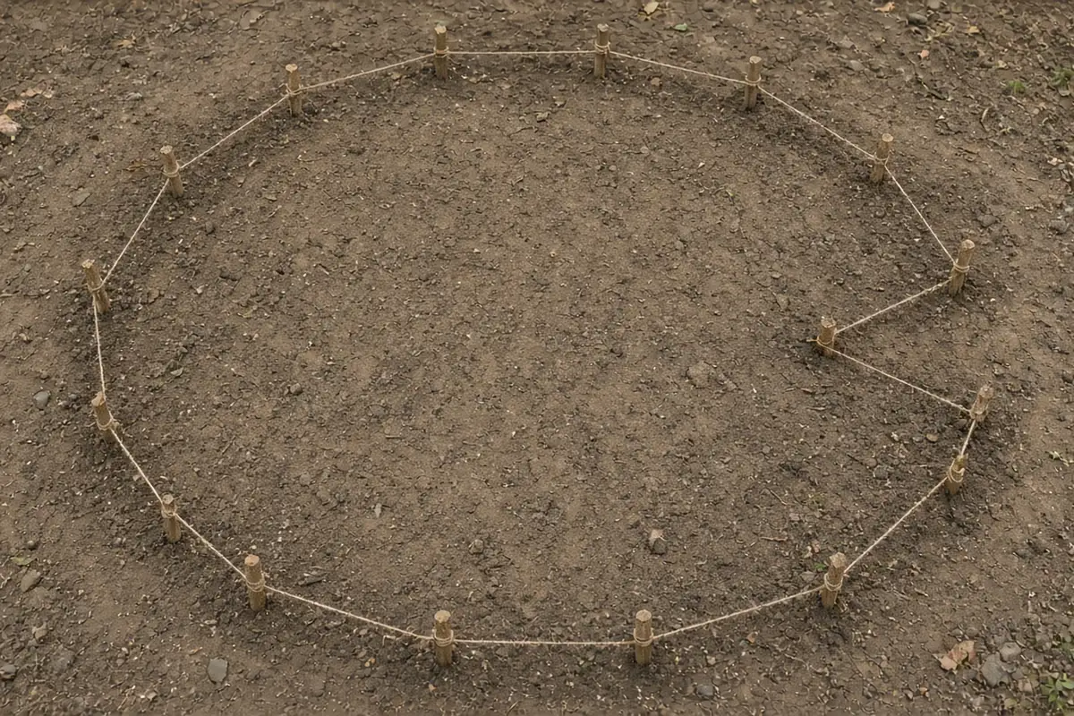 Circle about six feet across marked with stakes and string, with a wedge-shaped notch