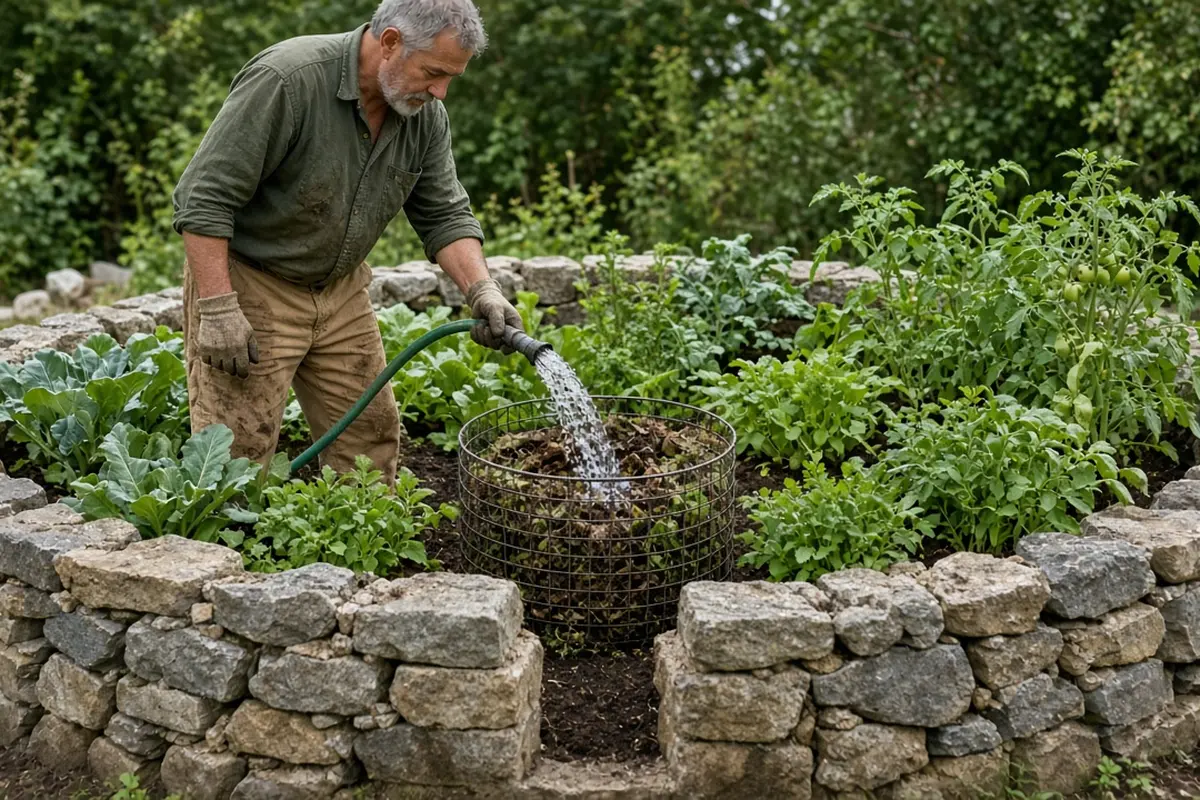 Gardener standing in the notch of a keyhole bed and watering into the center basket