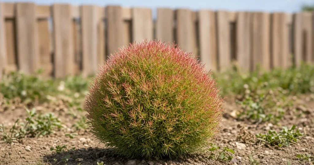 Bushy kochia plant with narrow soft leaves turning red in a dry western garden