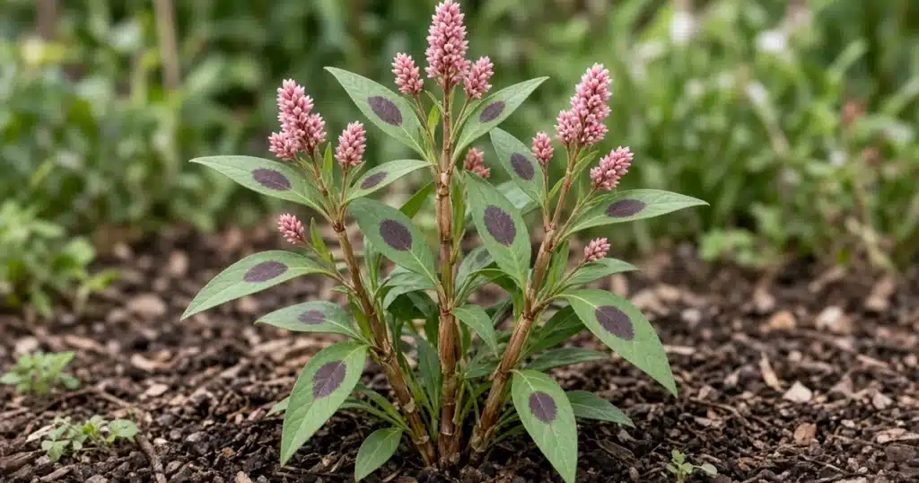 Ladysthumb with pink flower spikes and dark-marked leaves in a garden bed