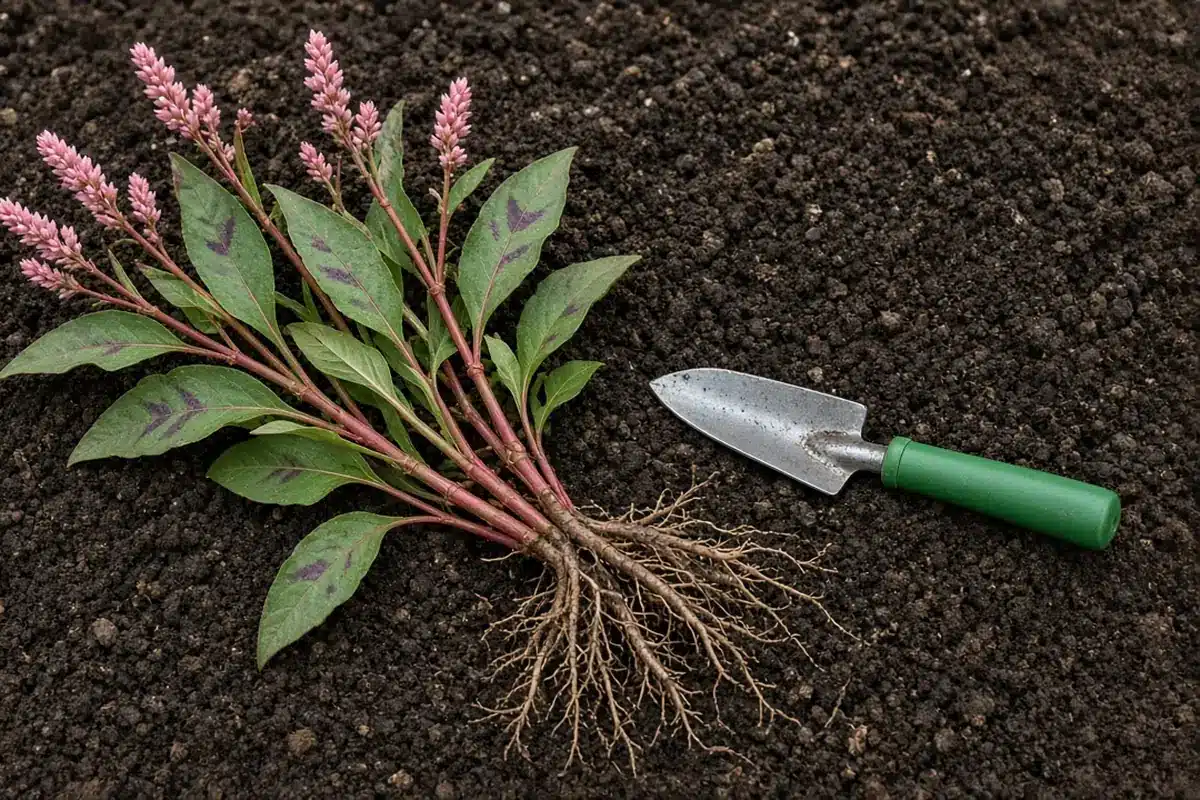 Pulled ladysthumb with pink flowers and fibrous roots beside a green-handled trowel