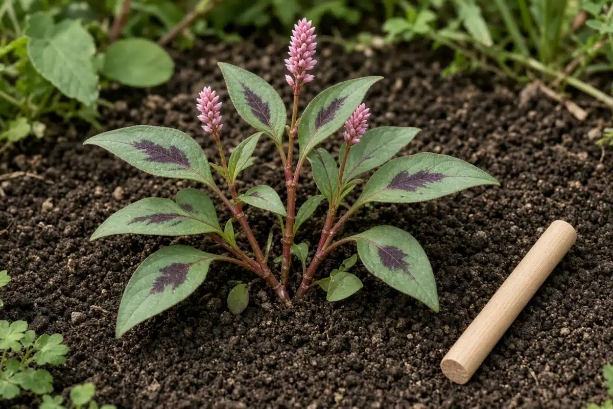 Ladysthumb with pink flower spikes and blotched leaves on soil beside a wooden dowel