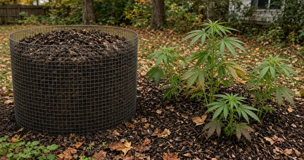 Shredded fall leaves breaking down in a wire bin next to a cannabis bed