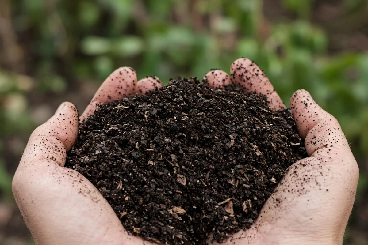 Two hands holding dark, crumbly finished leaf mold