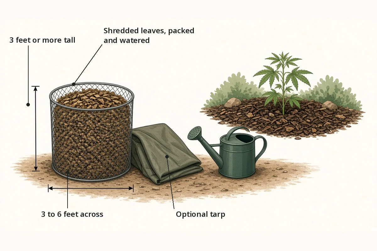 Drawing of a wire leaf bin 3 to 6 feet across and at least 3 feet tall filled with packed, watered shredded leaves
