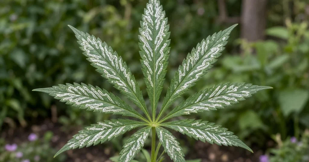 Cannabis fan leaf with pale winding leafminer trails