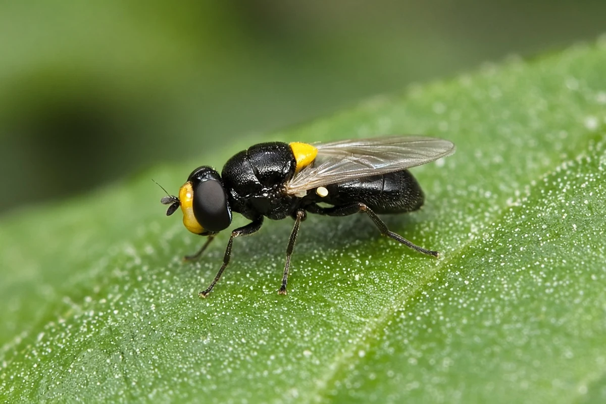 Small black fly with a yellow triangle between its wing bases resting on a leaf