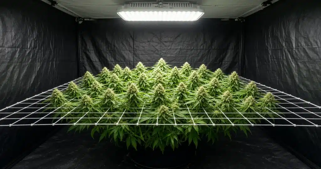 White trellis net with even cannabis bud sites poking through under a grow light