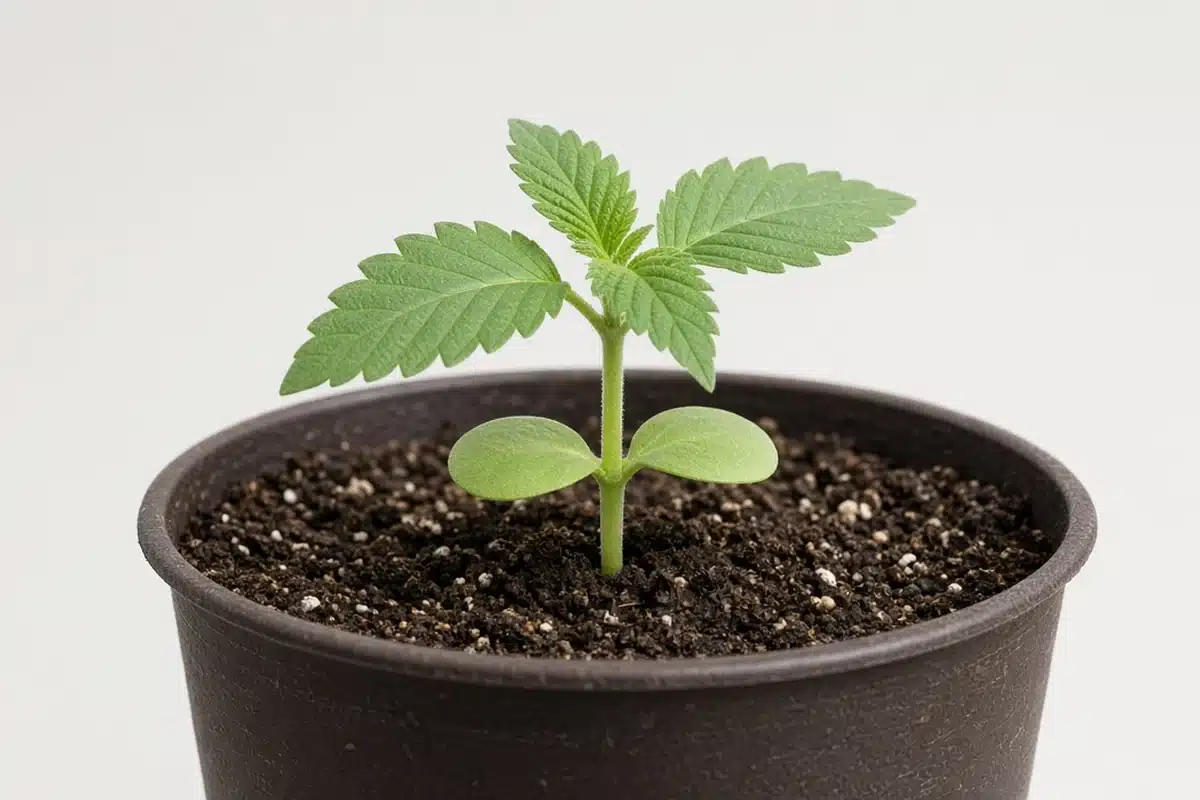 Stretched cannabis seedling replanted deeper with soil up to its first leaves