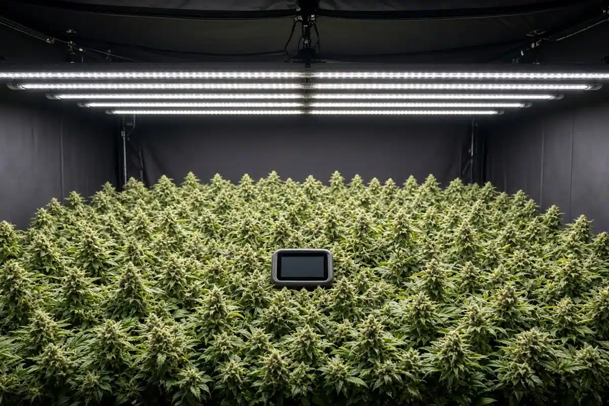 Light meter held at the top of an even cannabis canopy