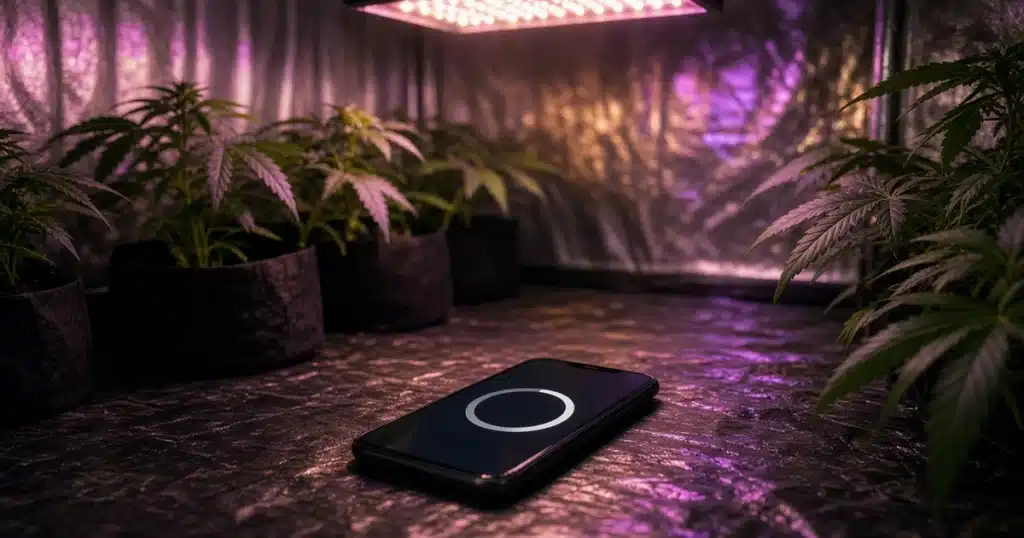 Smartphone lying face up on a reflective grow tent floor under an LED grow light, surrounded by cannabis plants in fabric pots