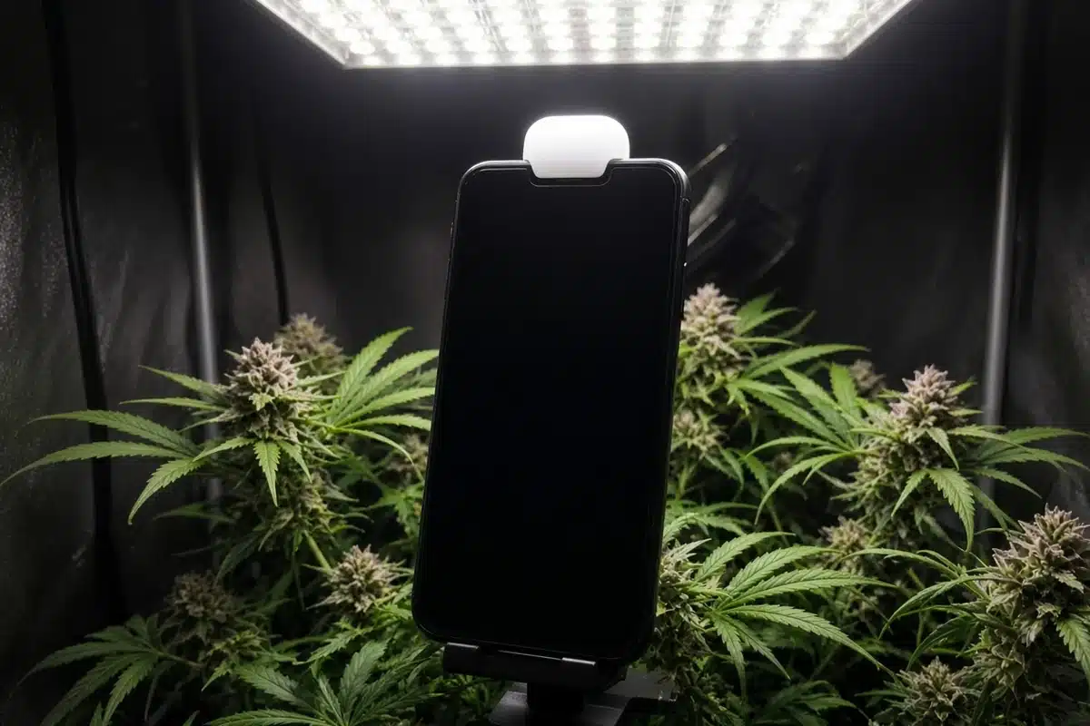 Smartphone on a small stand at canopy height in a grow tent with a white diffuser cap over its front camera, facing a bright LED panel above flowering cannabis