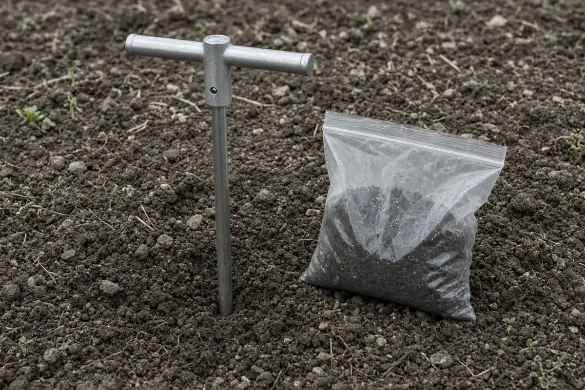 Soil probe and sample bag used to test garden soil pH before planting