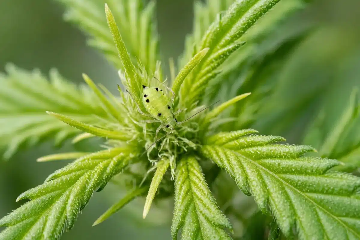 Green lygus bug nymph on a young cannabis shoot