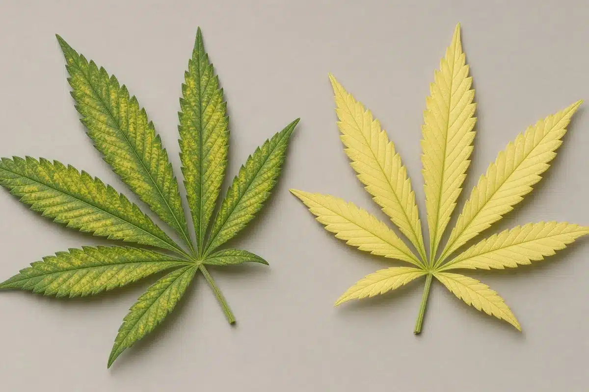 Side by side cannabis leaves comparing manganese and iron deficiency patterns