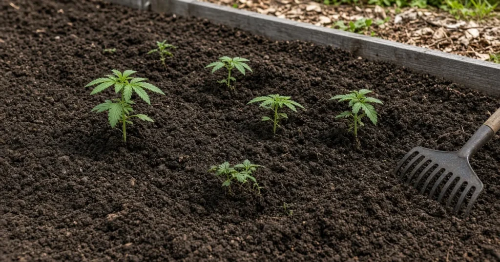 Dark composted manure raked into an outdoor cannabis bed