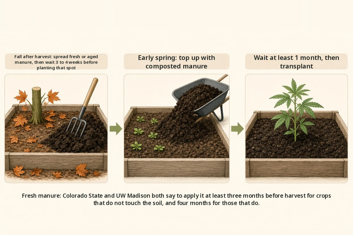 Timeline showing fall fresh manure, spring composted manure and a one month wait