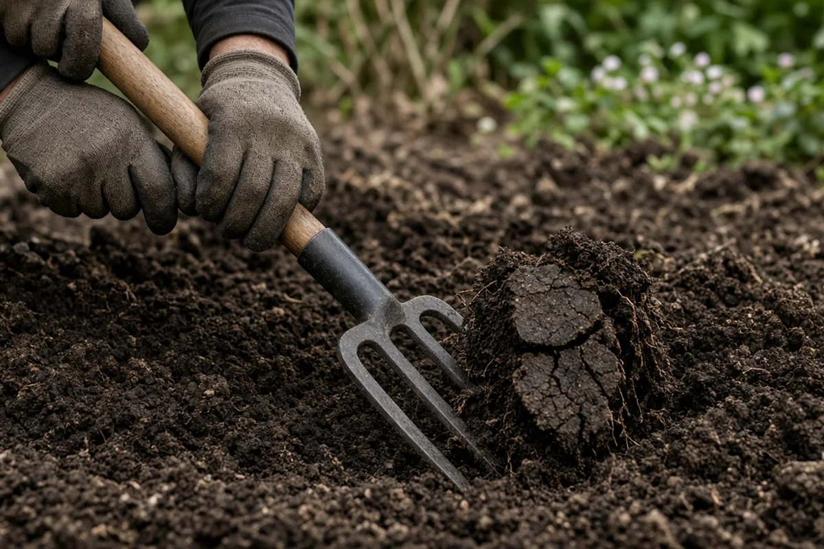 Garden fork working composted manure into soil about 8 inches deep