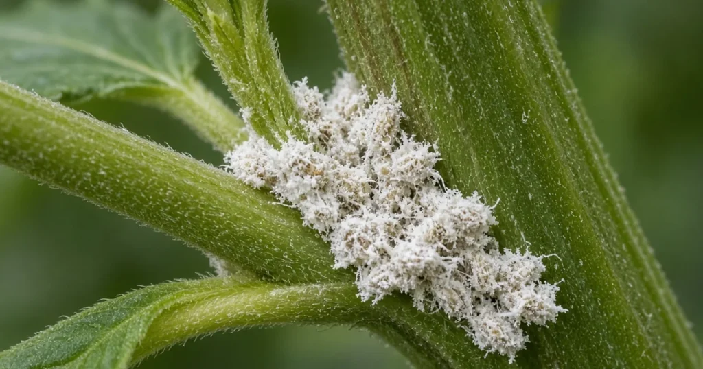 White cottony mealybugs clustered at a cannabis leaf joint