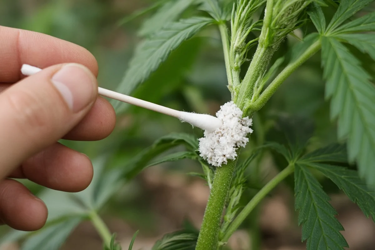 Cotton swab dabbing a mealybug colony on a cannabis stem