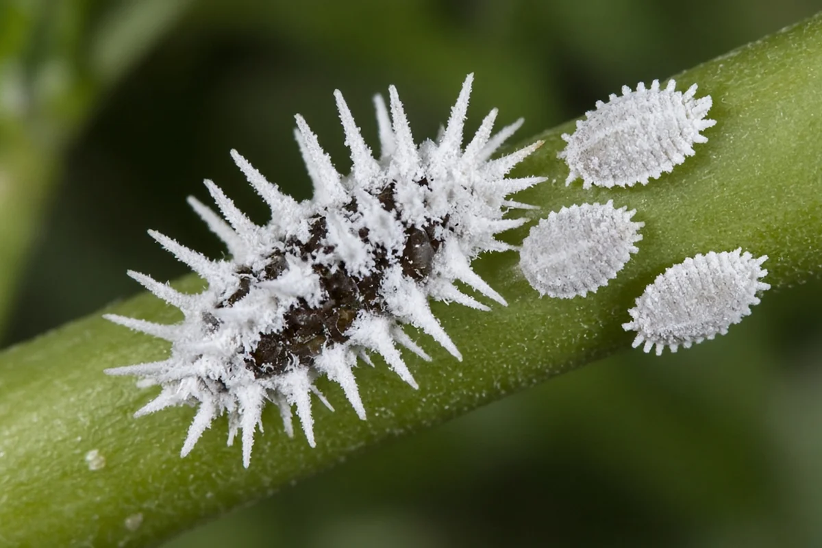 Waxy mealybug destroyer larva next to true mealybugs for comparison