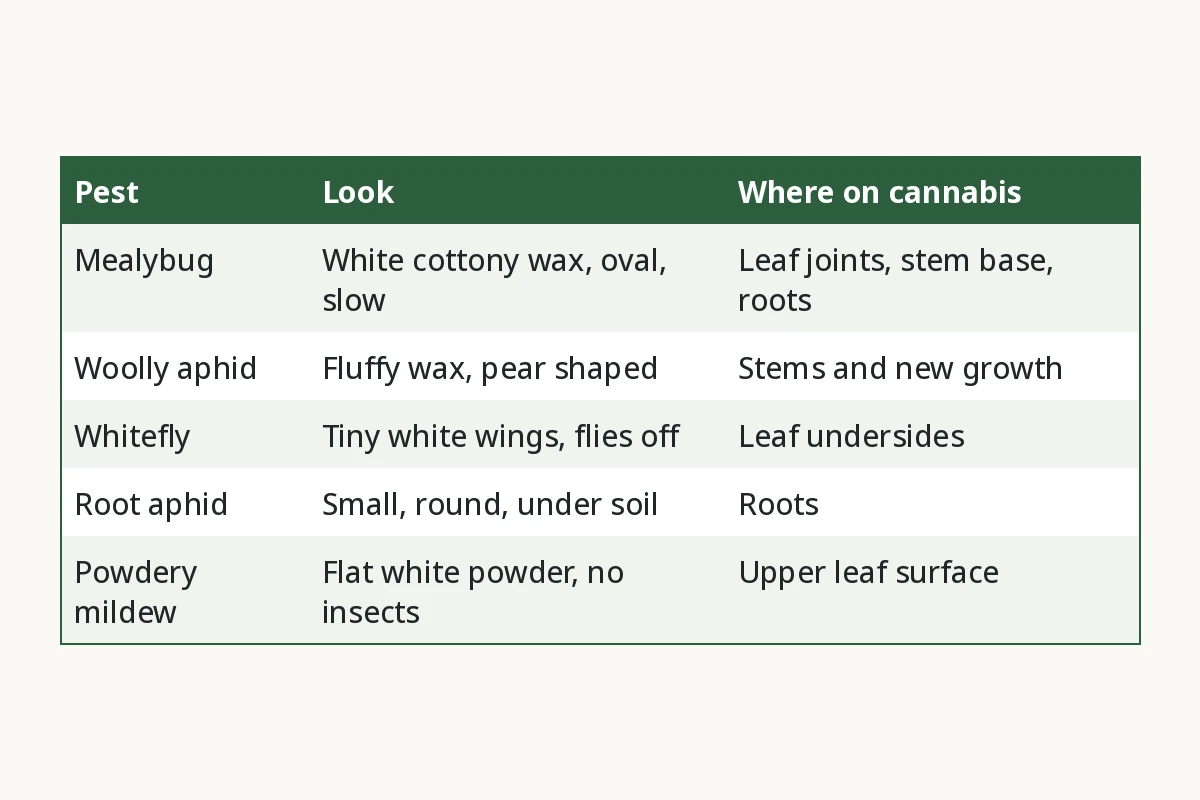Chart comparing mealybugs, woolly aphids, whiteflies, root aphids and powdery mildew
