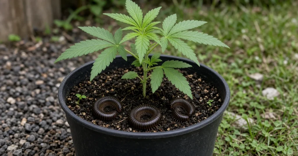 Millipedes coiled on damp soil at the top of a potted cannabis plant