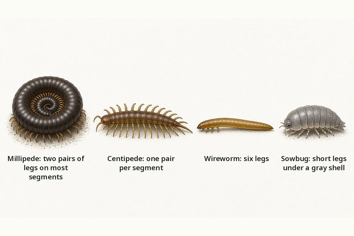 Side by side drawings of a millipede, centipede, wireworm and sowbug with their leg patterns labeled