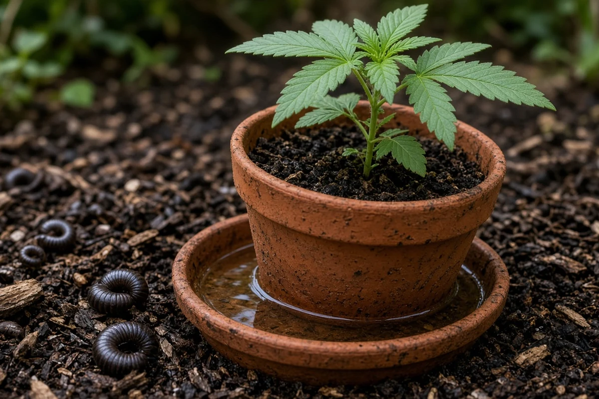 Coiled millipedes in damp soil around the base of a pot sitting in a full saucer