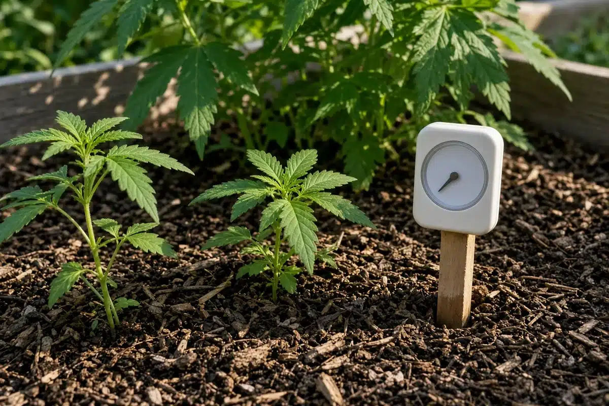 Small white dial thermometer on a wooden stake in a mulched raised bed beside young cannabis plants