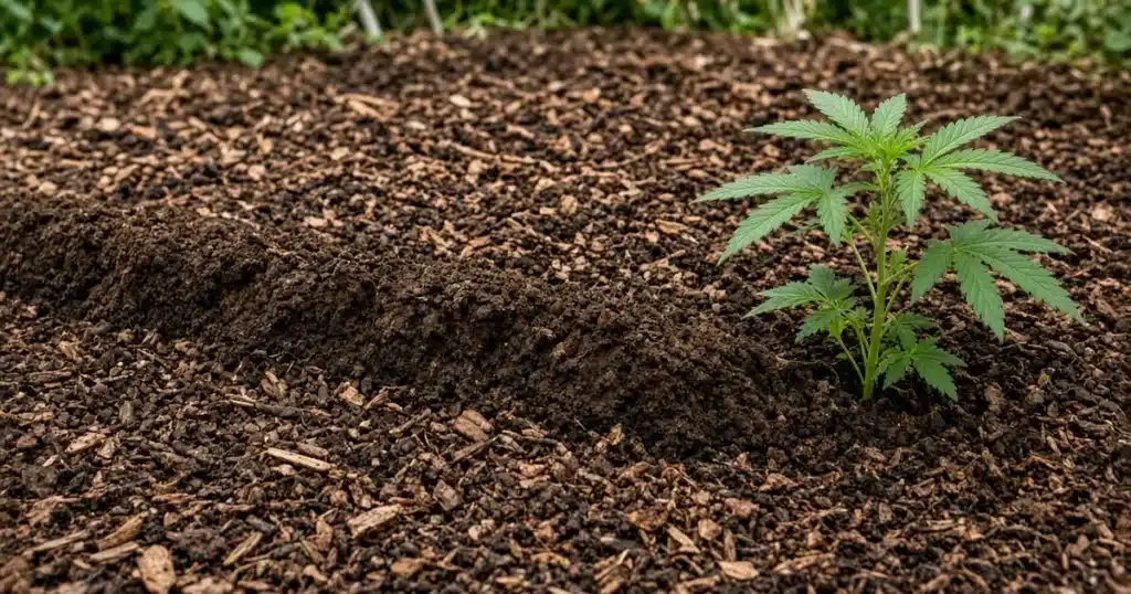 Moles in cannabis gardens: a raised mole tunnel ridge crossing a garden bed