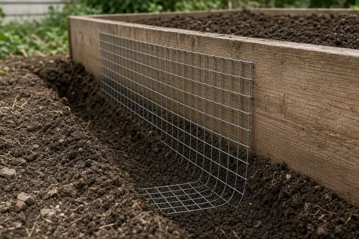 Wire mesh barrier set in a deep trench with an outward bent lip beside a bed