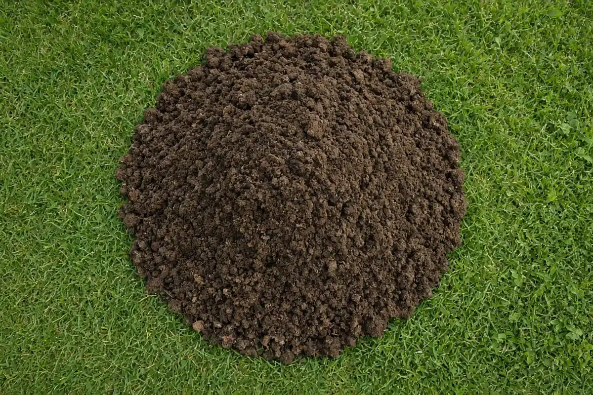 Round mole mound of loose soil chunks at the edge of a lawn
