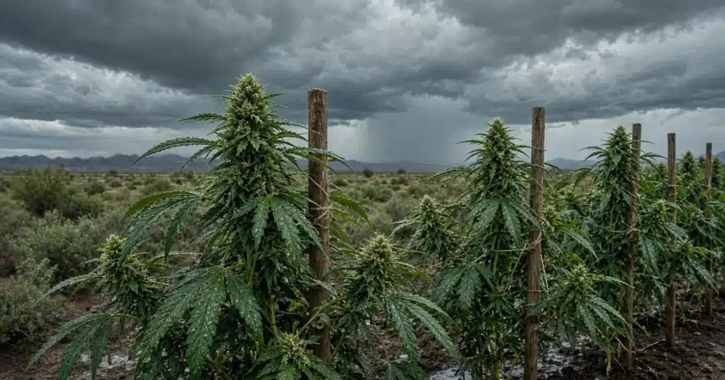 Staked outdoor cannabis plants in a desert garden under dark monsoon storm clouds with rain falling in the distance