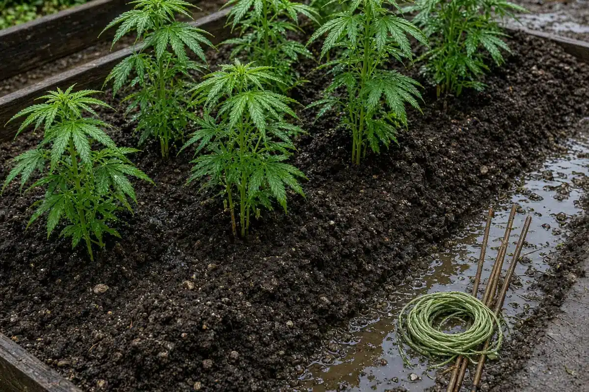 Raised bed of young cannabis plants on mounded soil beside a muddy drainage trench after heavy rain, with stakes and plant tie