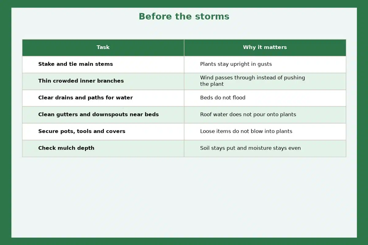 Table chart titled Before the storms, comparing why it matters for each task