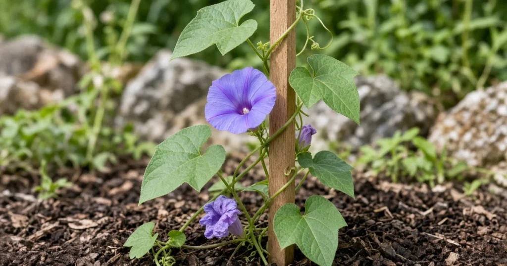 Annual morningglory vine with heart shaped leaves twining up a garden stake in an outdoor bed