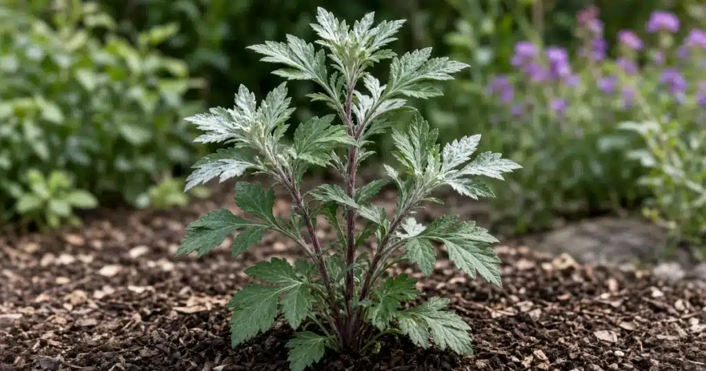 Mugwort with deeply lobed silvery-green leaves in a garden bed