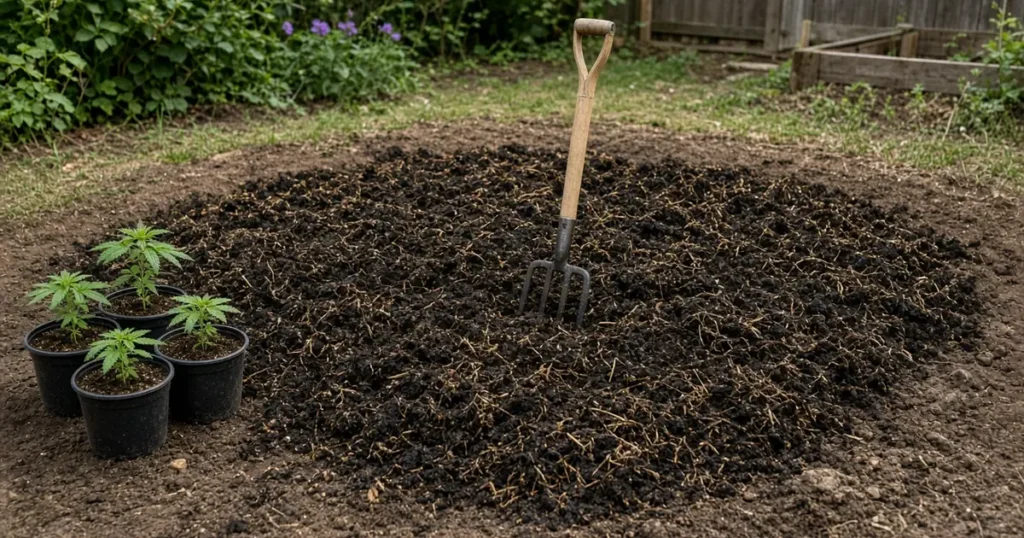 Dark mushroom compost spread on a cannabis bed before planting