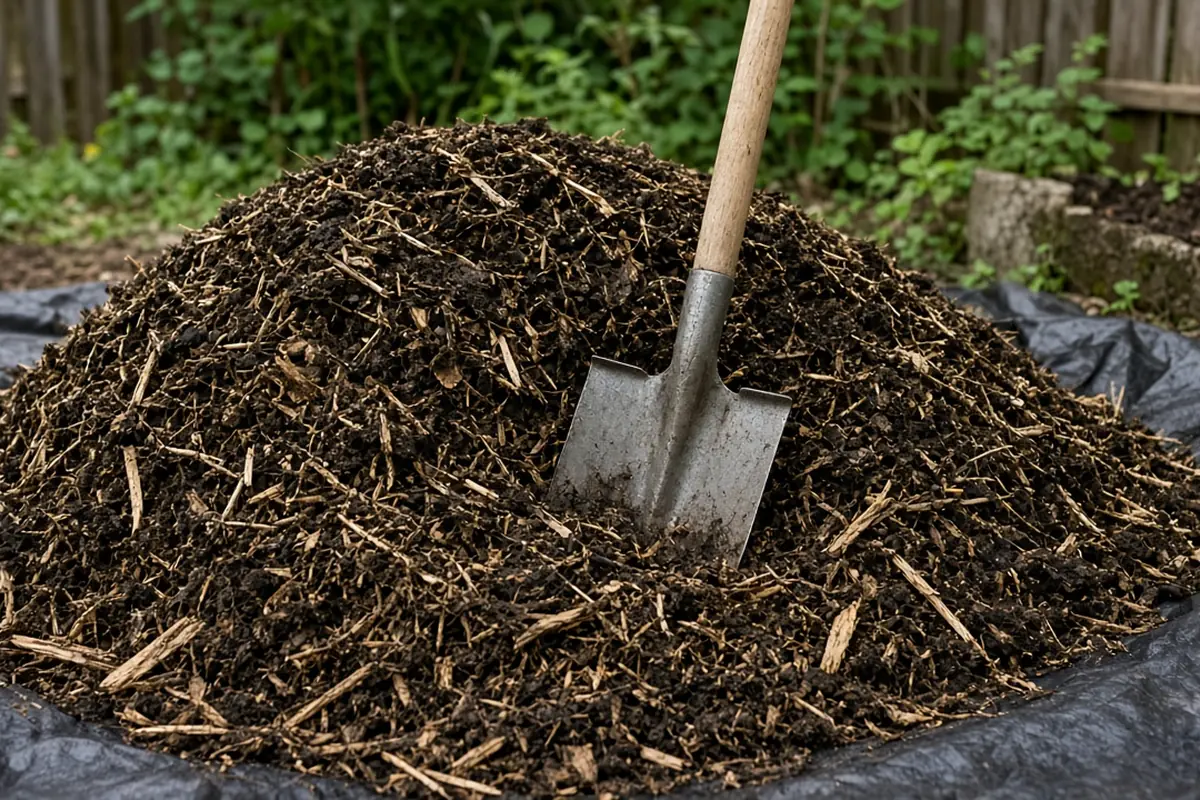 Pile of dark, strawy spent mushroom compost with a garden shovel