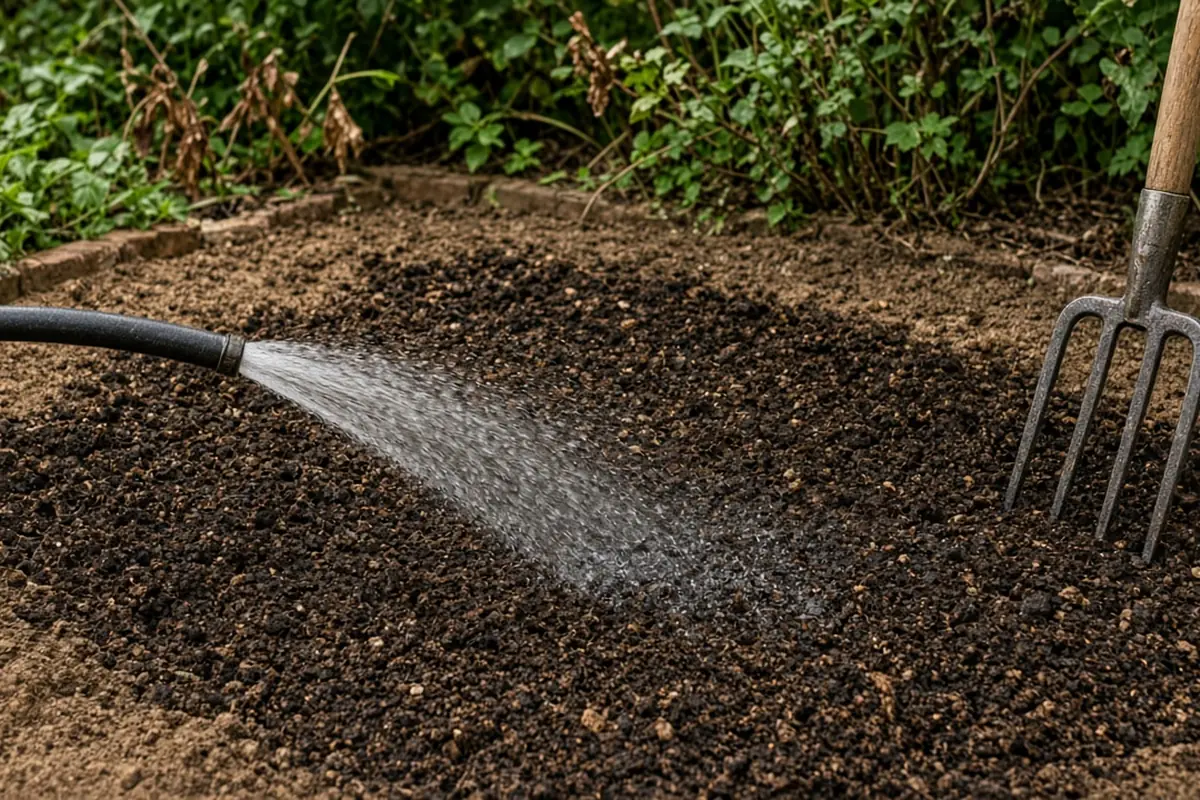 Hose watering a layer of mushroom compost spread on a garden bed before it is mixed into the soil
