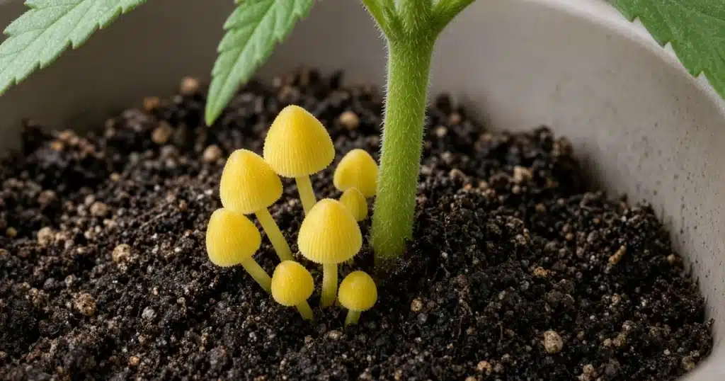 Mushrooms in cannabis pots: small yellow mushrooms growing from potting mix