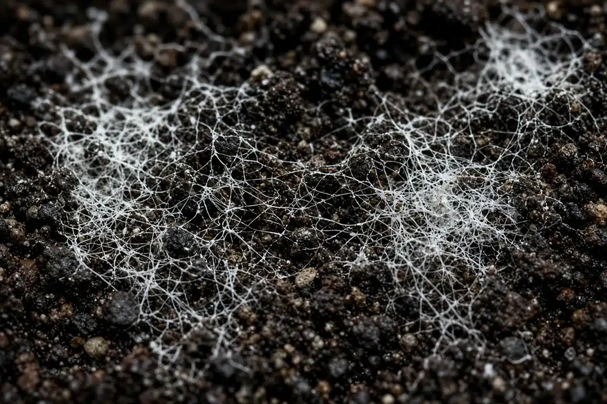 White fungal threads spreading across the surface of moist potting mix